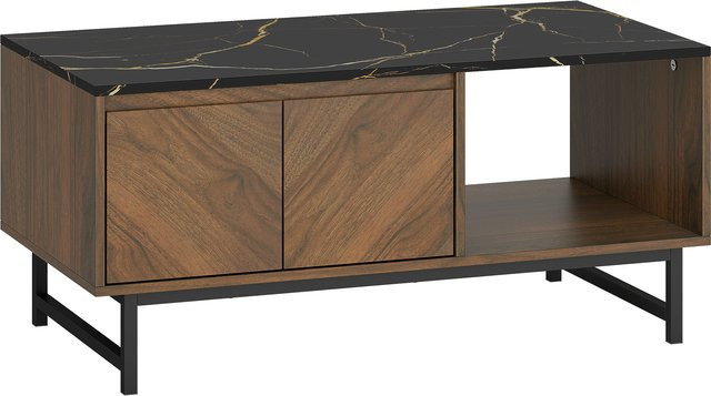 Aosom Couchtisch mit Marmoroptik in Nussbaum, moderner Wohnzimmertisch mit 2 Türen und 2 offenen Fächern, Stahlrahmen, B/T/H: 100 x 50,8 x 45,7 cm - Bild 1