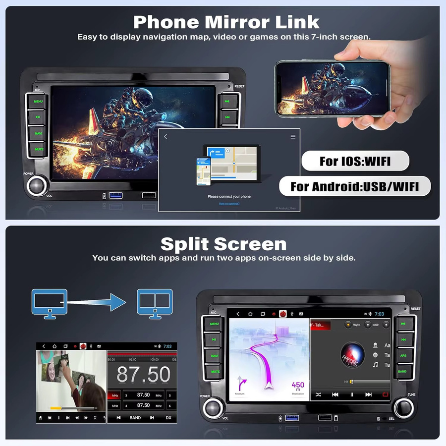 GEARELEC Android 13 Autoradio mit 7 Zoll Display und GPS in Schwarz für VW Volkswagen Skoda Octavia Golf 5 6 Touran Passat B6 Polo Jetta Caddy - Bild 4