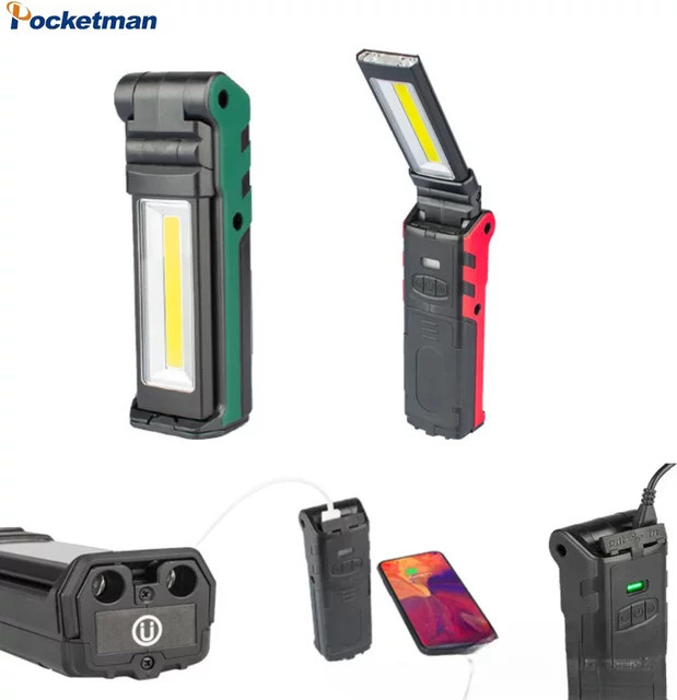POCKETMAN Tragbare COB LED Arbeitsleuchte in Schwarz mit Magnet und Haken, USB aufladbare Taschenlampe für Auto Reparatur und Notfall - Bild 1