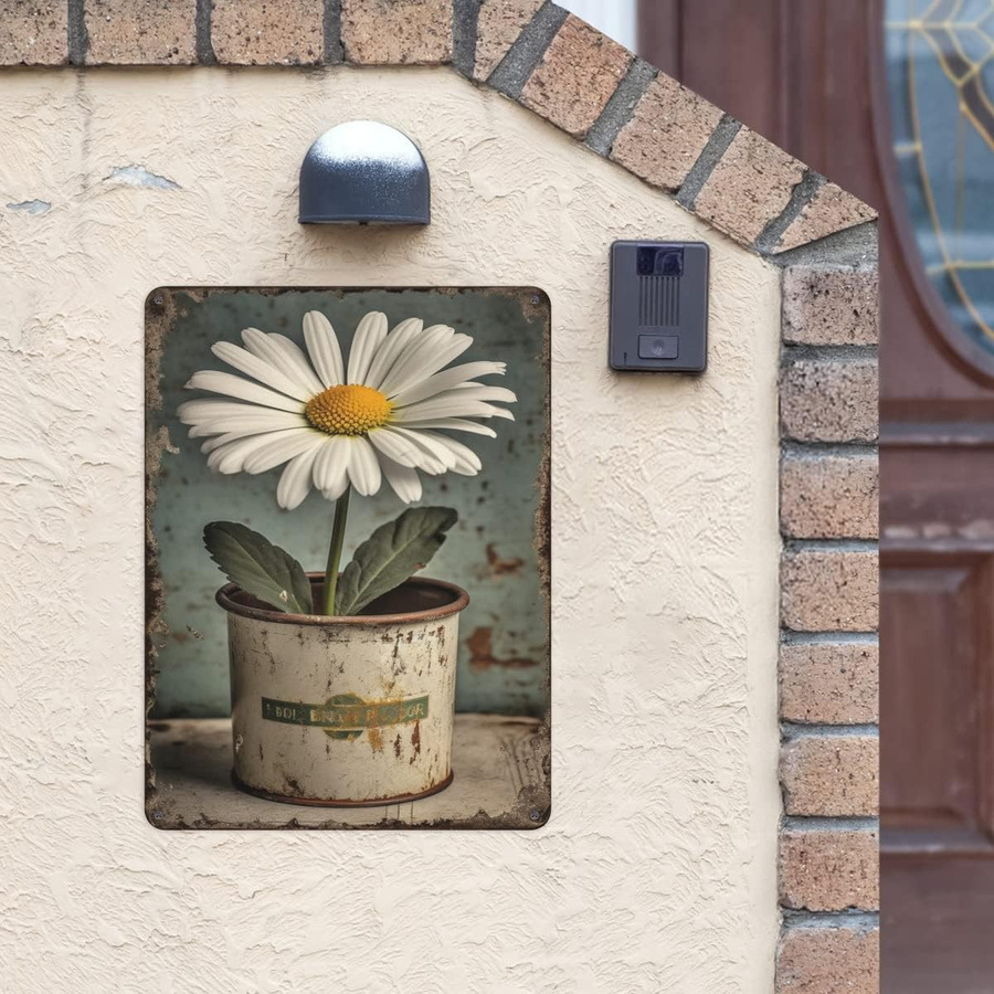 Vintage Blechschild ZX ART mit weißen Gänseblümchen und Tautropfen, Retro Metall-Wanddeko, Breite: 20 cm, Höhe: 30 cm - Bild 3