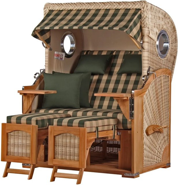 Bene Living Strandkorb Komplettset Ammersee Modell 506 aus Teakholz mit Bullauge und PE Shell in Braun und Grün - Bild 1