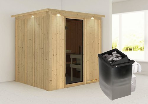 Karibu Sauna Rakvere aus Fichtenholz mit 9 kW Saunaofen und integrierter Steuerung für 3 Personen, Farbe: beige/grau, B/T/H: 184 x 202 x 210 cm - Bild 1