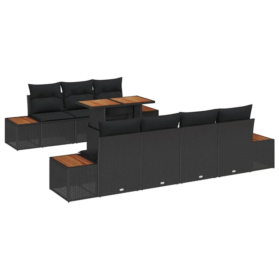 vidaXL Garten-Sofa-Set 8-teilig aus Poly Rattan und Akazienholz in Schwarz mit Kissen - Bild 2
