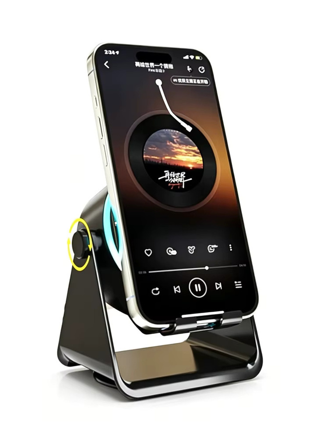 KEBIDU 4-in-1 Kabelloser Bluetooth Induktionslautsprecher mit RGB-Beleuchtung und drehbarem Telefonständer in Schwarz - Bild 5