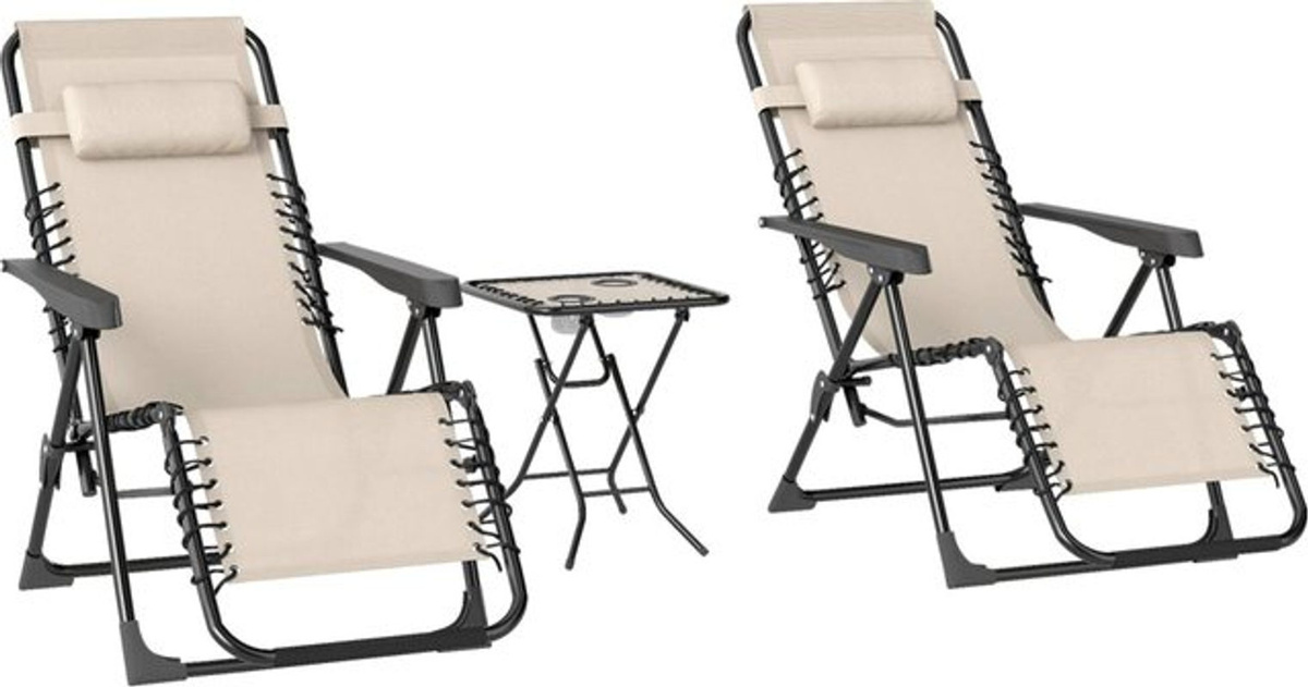 Outsunny Gartenliege Set 3-teilig in Beige aus Metall mit Teetisch, 2 Stühlen und Kopfkissen, klappbare wetterfeste Relaxliege mit verstellbarer Rückenlehne und Getränkehaltern, B/T/H: 90 x 56 x 110 cm - Bild 3