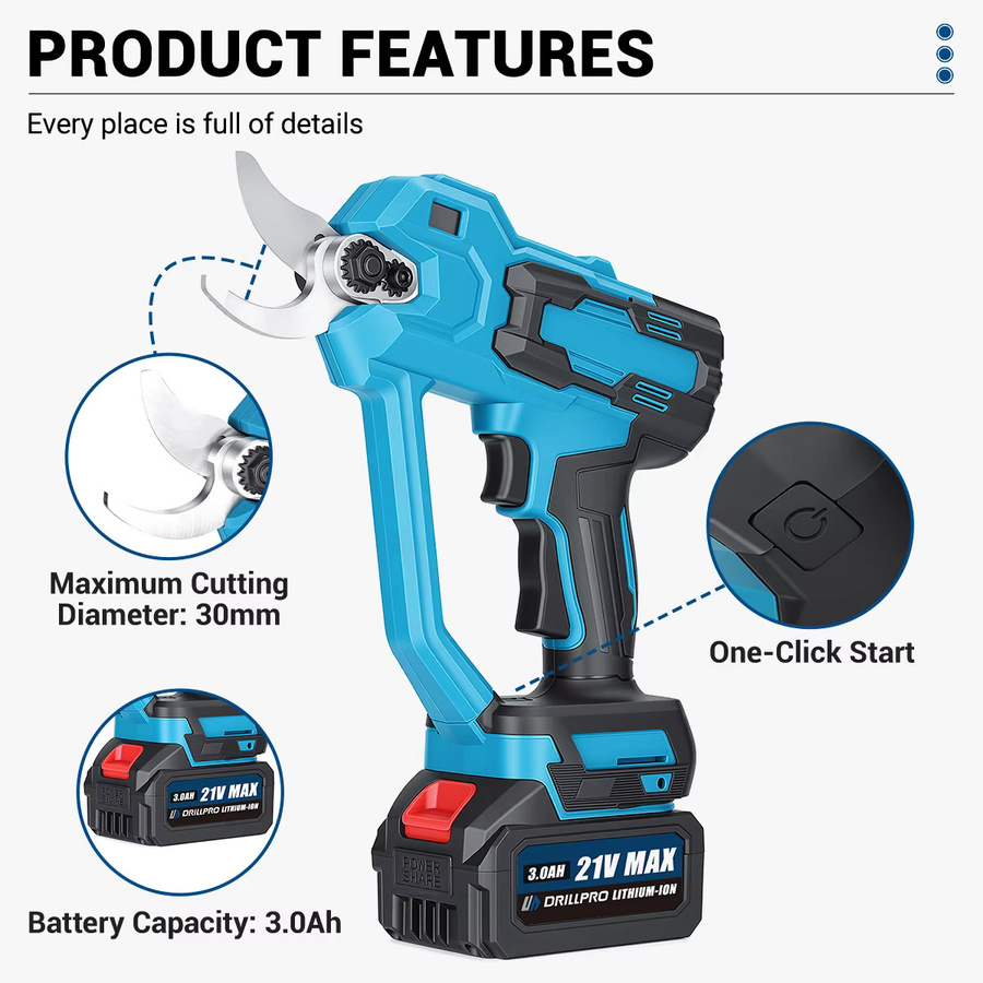 Drillpro Elektrische Gartenschere mit 30mm Schneidwerkzeug, Bürstenloser Motor, Digitalanzeige und automatischer Geschwindigkeitsregelung, Blau - Bild 3