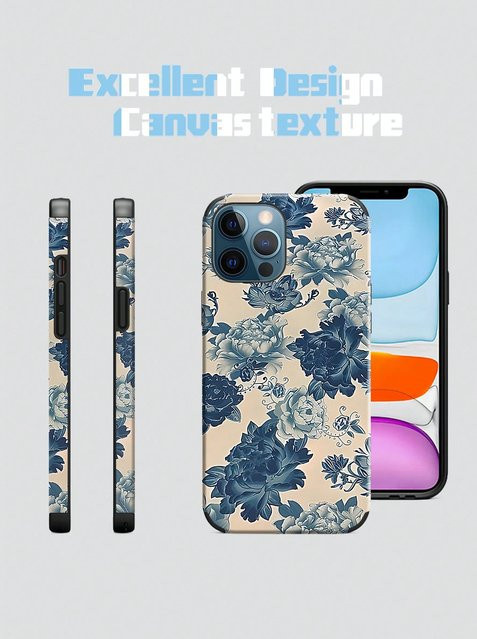 Vintage Handyhülle aus PU-Leder mit blauem Blumendruck für iPhone 16, 15, 14, 13, 12, 11 und Pro Max, staubdicht und stoßfest, mehrfarbig - Bild 1