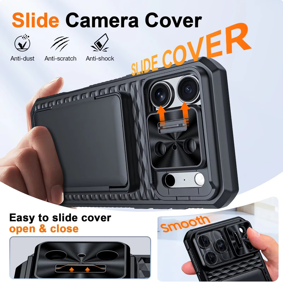 BANGZAO Handyhülle für iPhone 17 Pro und iPhone 17 Pro Max mit Kartenhalter, verschiebbarer Kameraabdeckung und Ständer, Schwarz - Bild 3