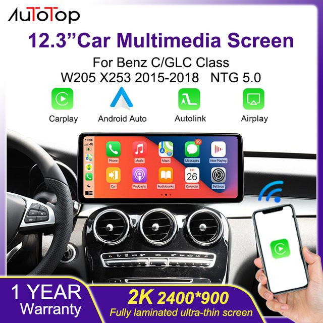 AUTOTOP Linux Carplay Autoradio Stereo mit 12,3 Zoll Display für Mercedes Benz W205 GLC C V Klasse W447 GLA CLA 2015-2019 NTG5.0 Airplay in Schwarz - Bild 1