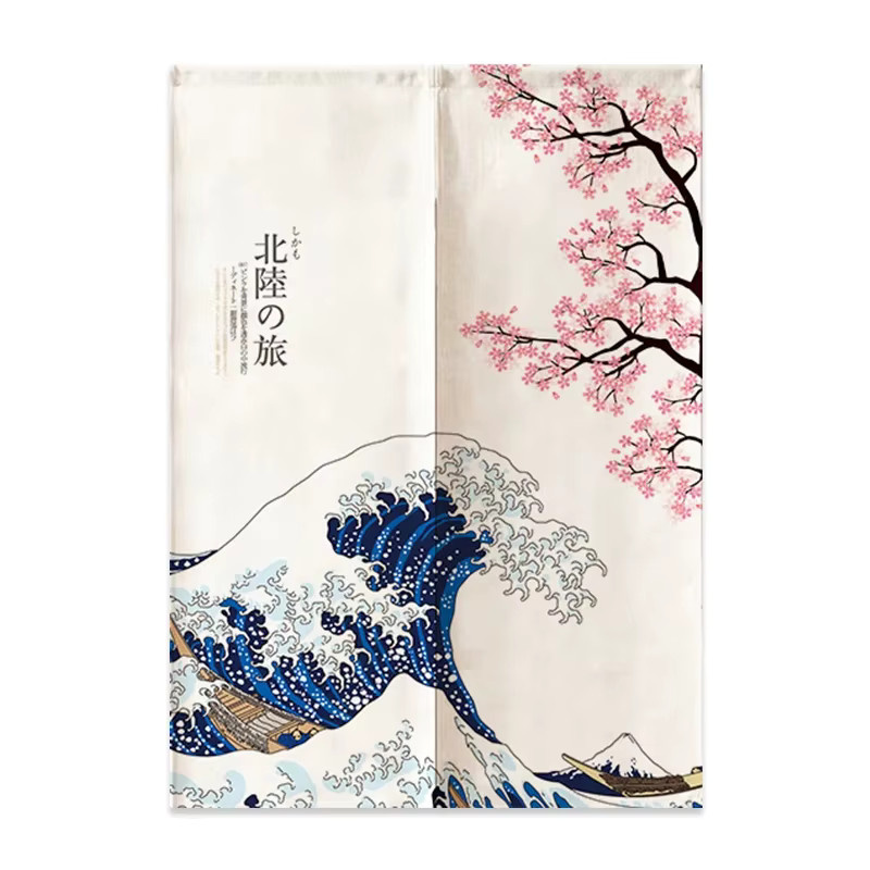 VIKAMA Japanischer Leinen-Türvorhang Noren mit Fuji-Berg- und Wellenmuster, Halbvorhang für Küche, Schlafzimmer und Eingangsbereich, Mehrfarbig, Breite: 90 cm, Höhe: 65 cm - Bild 2