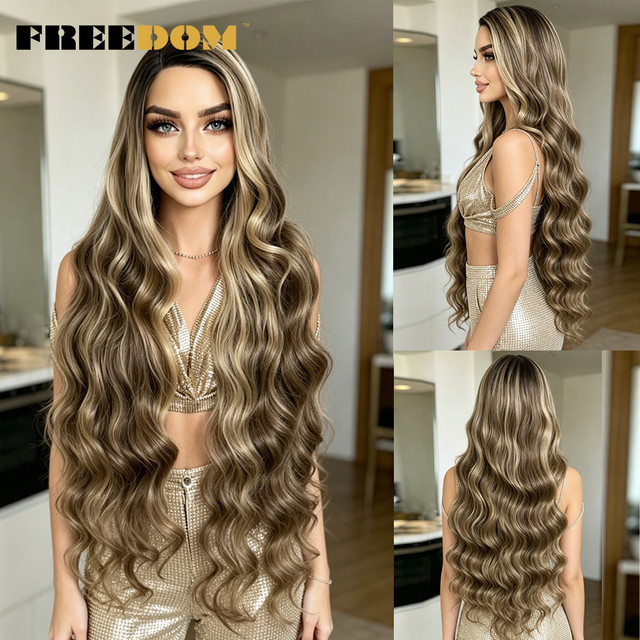 FREEDOM Lace-Front-Perücke, 36 Zoll, synthetisch, Ombre Braun Blond, Damen - Bild 1