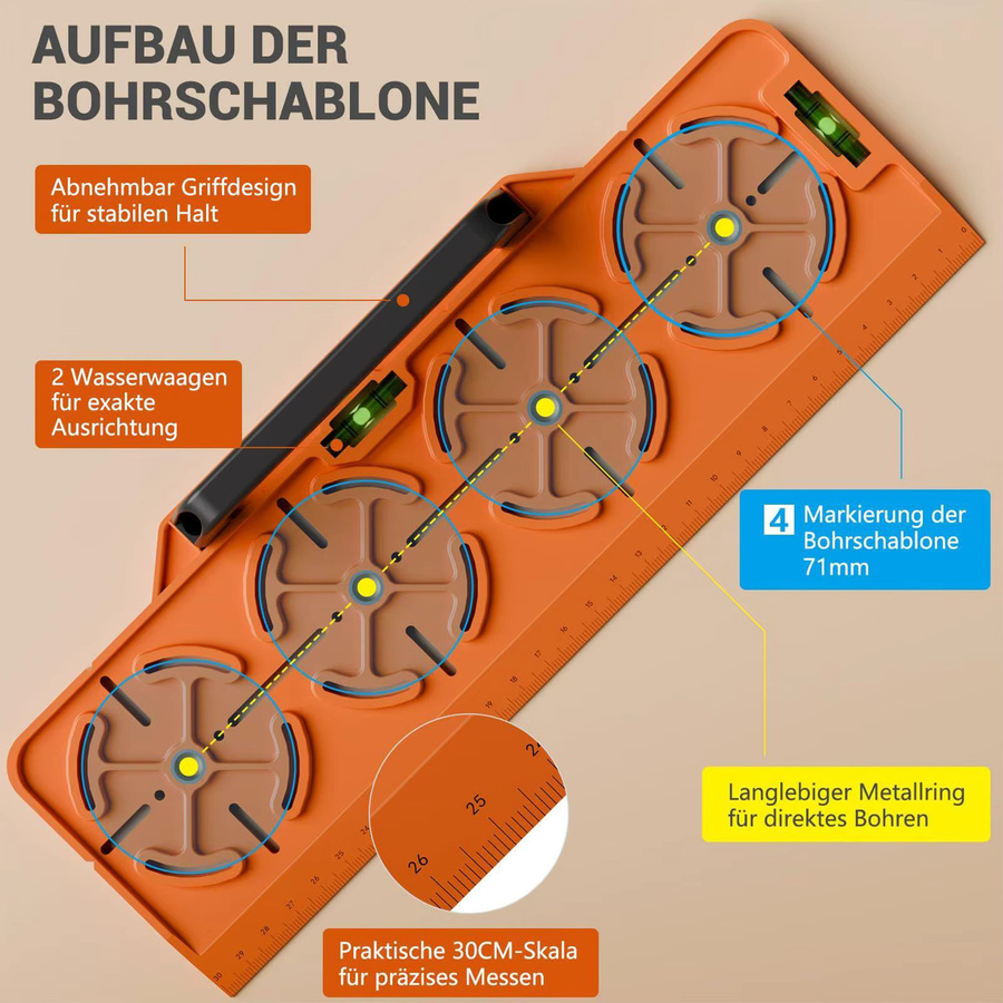 Bohrschablone mit Wasserwaage und Lineal zur Montage von Steckdosen in Orange - Bild 2