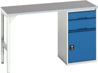 Unterbauwerkbank Bott verso mit Linoleum-Platte, 2 Schubladen, 1 Tür und 1 Ablageboden, Lichtgrau / Enzianblau, B/T/H: 150 x 60 x 93 cm - Bild 1