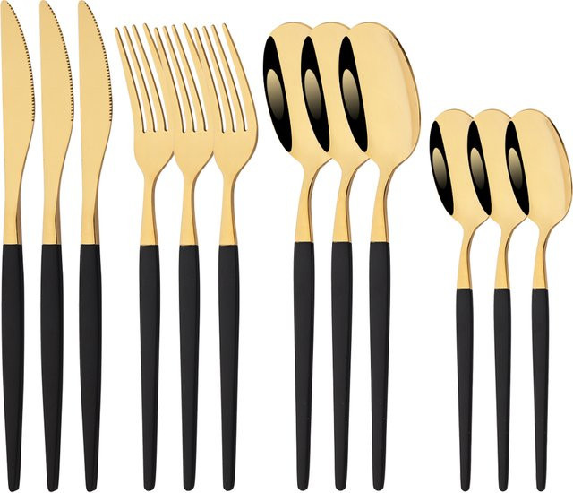 Uniturcky Besteckset aus Edelstahl in Schwarz und Gold, 12-teiliges Set mit Messern, Gabeln, Löffeln und Kaffeelöffeln, poliert - Bild 1