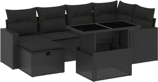 vidaXL 7-teilige Garten-Sofagarnitur in L-Form aus Poly-Rattan mit Kissen in Schwarz - Bild 1