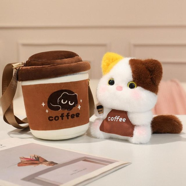 Yiran Health & Beauty Kawaii Kaffee Katze Plüschtasche 2-in-1, Plüschtier - Bild 1