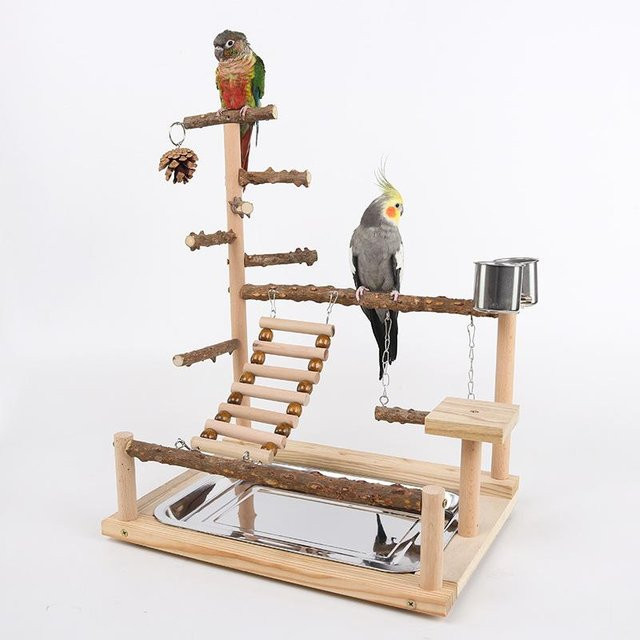 Yiran Furniture Papageienkletterstation aus Pfefferholz mit Kletternetz, Leiter und Schaukel in Gelb - Bild 1