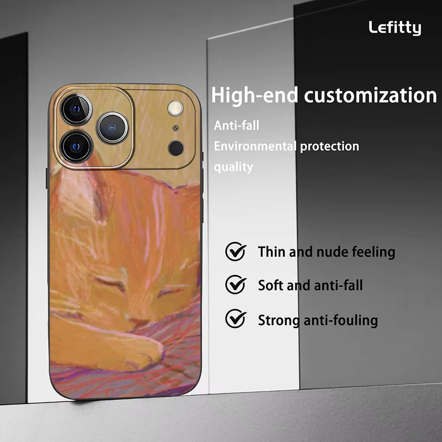 Handyhülle mit schlafender orangefarbener Katze im koreanischen Stil für iPhone 11 bis 17 Pro Max Plus Mini, Schwarz Matt Soft Shell - Bild 2
