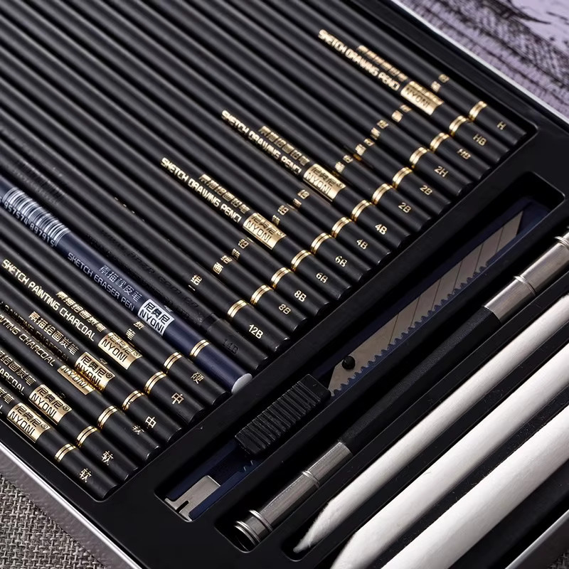 NYONI Skizzen-Bleistift-Set mit Eisenbox, professionelles Zeichenset mit Graphitstiften und Kohlestiften für Anfänger und Profis - Bild 3