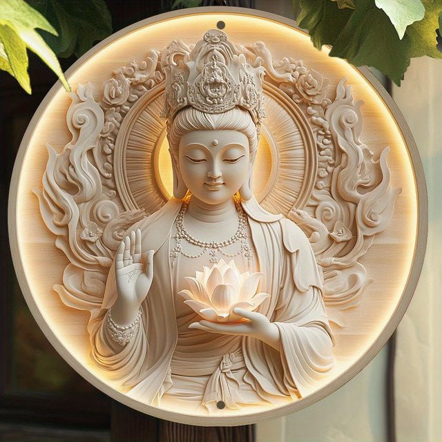 Potdemiel Rundes Vintage Wandbild Guanyin Bodhisattva aus Aluminium mit Blumenmotiv Durchmesser: 20 cm - Bild 1