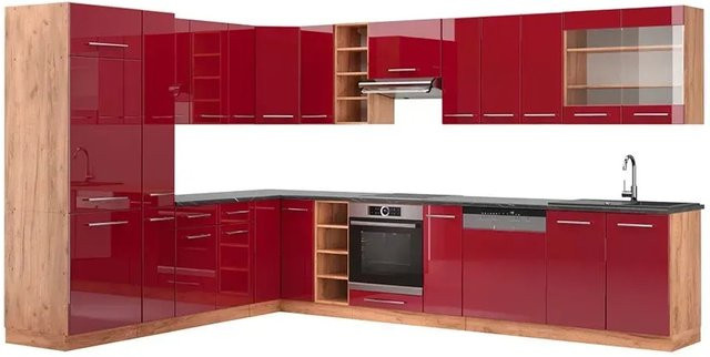 Vicco Fame-Line Eckküche Bordeaux Hochglanz in Rot und Goldkraft Eiche, B: 347 cm, H: 257 cm, Anthrazit - Bild 1
