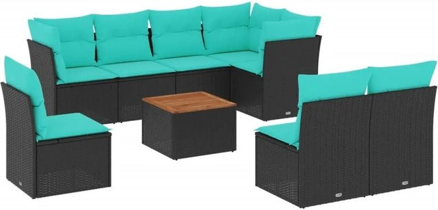 vidaXL 9-teilige Garten-Sofagarnitur aus Poly-Rattan und Akazienholz in Schwarz mit Kissen - Bild 1