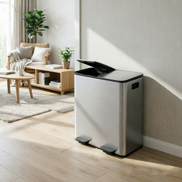 HiMISS Dual Compartment Küchenmülleimer aus Edelstahl in Silber und Grau, 80L mit 2 x 40L Trennsystem, Soft-Close Deckel und herausnehmbaren Inneneimern, Fingerabdruckresistent - Bild 1