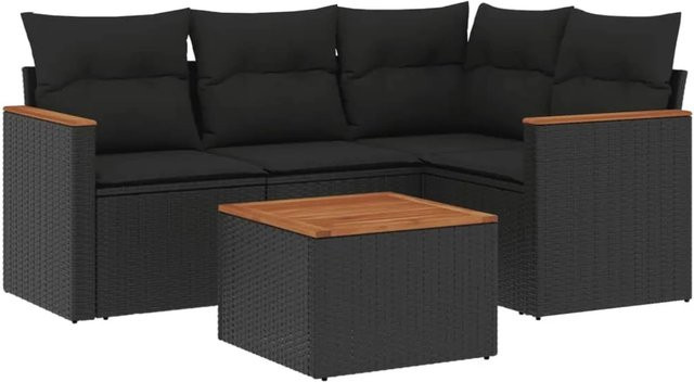 vidaXL 5-teilige Garten-Sofagarnitur in L-Form aus schwarzem Poly-Rattan mit Kissen und pulverbeschichtetem Stahlgestell - Bild 1