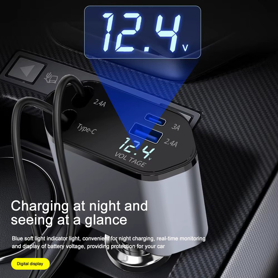kebidumei 4 in 1 Autotelefon-Ladegerät mit 120 W, Typ C 66 W und 2,4 A einziehbaren Ladekabeln sowie Volt-Display für iPhone, Huawei und Samsung - Bild 3