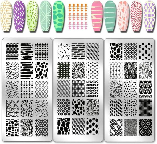 3er-Set Nagelstempel-Platten aus Edelstahl mit geometrischen Linienmustern in Silber - Bild 1