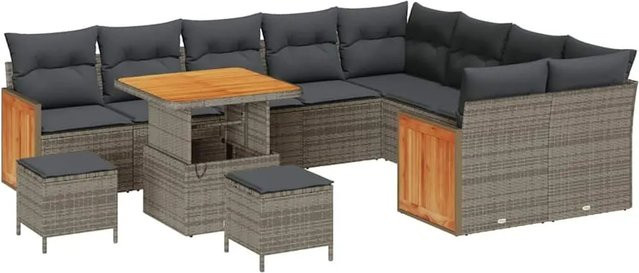 vidaXL Gartensofa-Set aus Poly-Rattan und Akazie in Grau mit 13-teiligem Polster-Set und Tisch in U-Form - Bild 1
