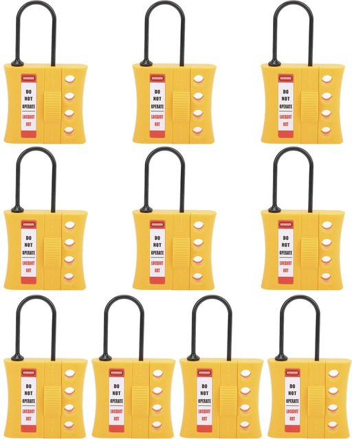 10er Set TOMTOP JMS Lockout Tagout Sicherheitsvorhängeschloss aus isoliertem Nylon mit 4-Loch-Funktion, Gelb, 3mm - Bild 1