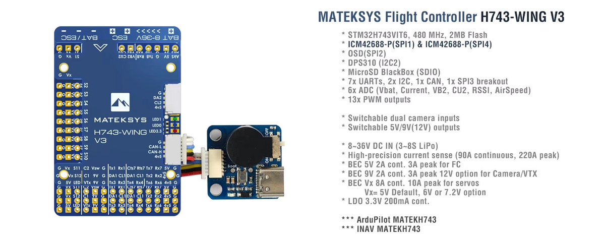Mateksys H743-WING V3 Flight Controller FC mit Dual Kamera Eingang und integriertem OSD für RC FPV Starrflügel in Blau - Bild 4