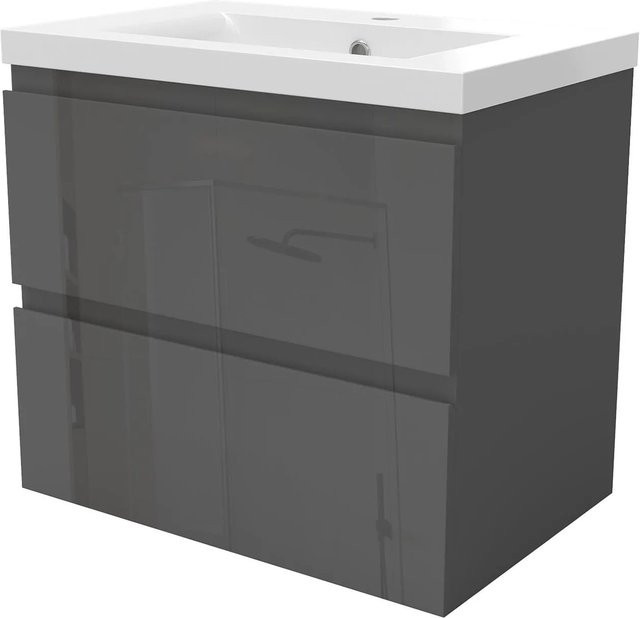 AICA Badmöbel Aalst 2-teiliges Waschbecken-Set mit Keramik-Waschtisch und Unterschrank, Hochglänzend Anthrazit, Grifflos mit Softclose Schubladen, Breite: 61 cm, Höhe: 56 cm, Tiefe: 38,5 cm - Bild 1