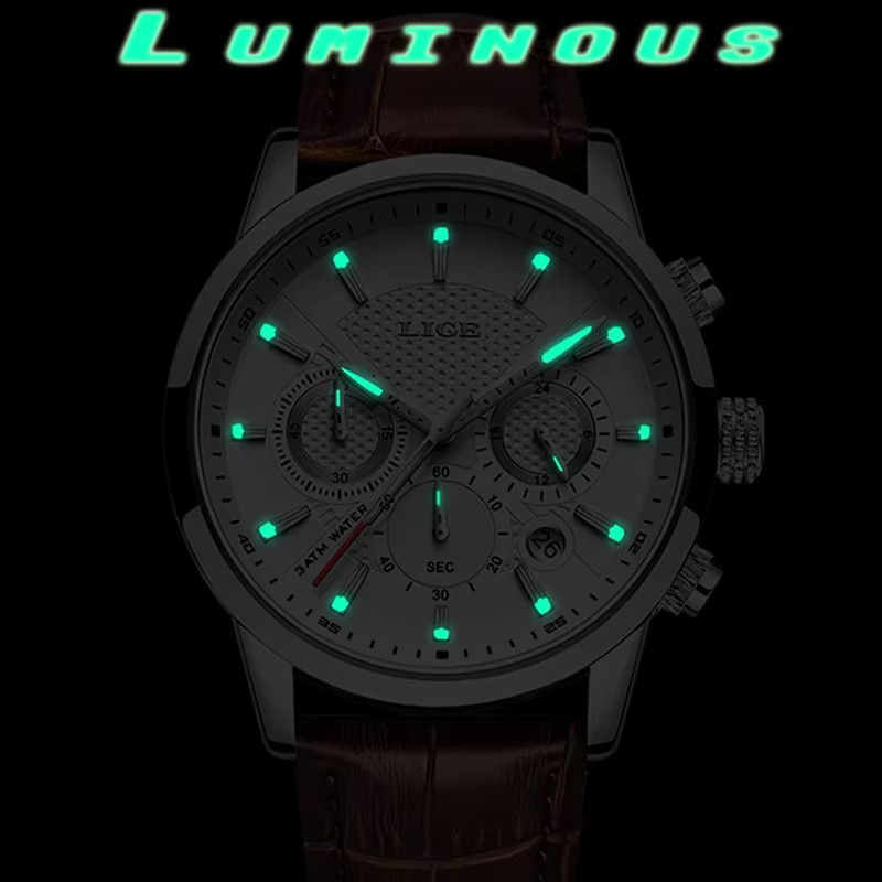 LIGE Armbanduhr Quarz, Leder, Herren, Datum, Leuchtzeiger - Bild 5