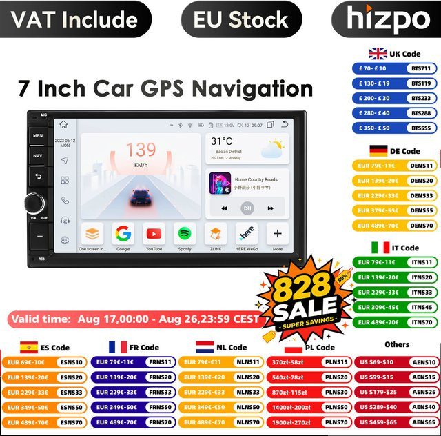 HIZPO Android Autoradio mit 7 Zoll Display, 2DIN Multimedia-Video-Player mit GPS, Carplay, 4G und DSP Stereo in Schwarz - Bild 1