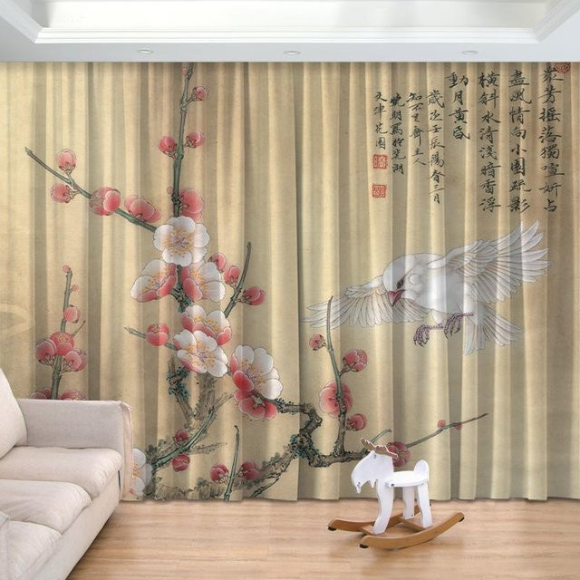 Zen Vorhänge im Bambus-Tinte-Stil mit floralem Design, 2er-Set, beige, halbtransparent, B/H: 100 x 130 cm - Bild 1