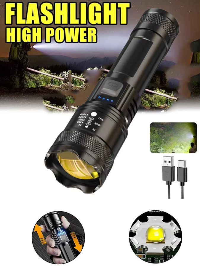 KDULIT Taktische LED-Taschenlampe in Schwarz, wiederaufladbar mit Zoom für Outdoor, Camping und Arbeit - Bild 7