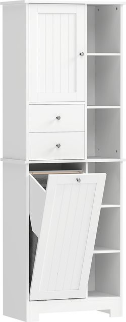 HOMCOM Badezimmerschrank als schmaler Hochschrank in Weiß mit ausklappbarem Wäschekorb, offenem Fach, 2 Schubladen und Soft-Close-Türen, B/T/H: 60 x 28,8 x 171 cm - Bild 1