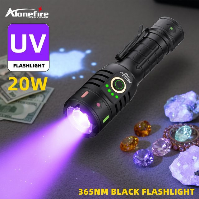 Alonefire 20W UV-LED Schwarzlicht-Taschenlampe 365nm in Schwarz, USB-wiederaufladbar - Bild 1