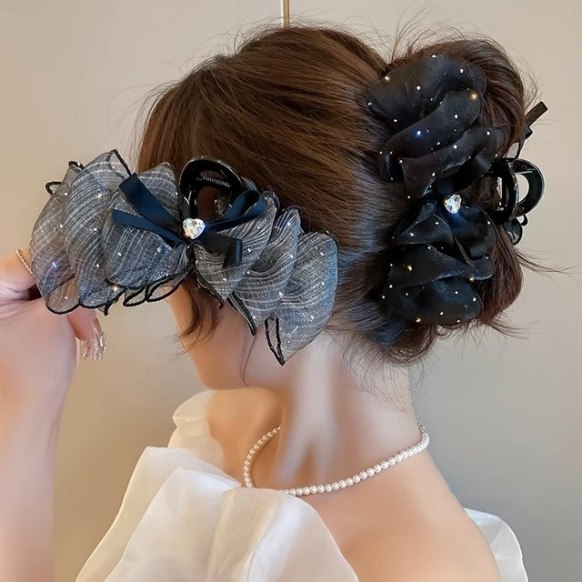 Haarklammer Wolken-Tüll mit Strass-Herz-Schleife und Organza-Blumen, Damen - Bild 1