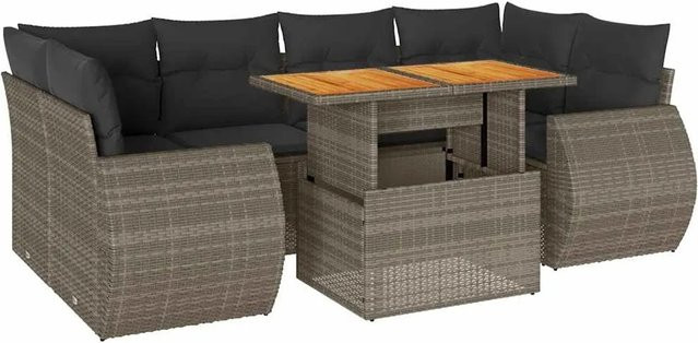 vidaXL 7-teilige Garten-Sofagarnitur in L-Form aus grauem PE-Rattan mit Kissen und Akazienholz - Bild 1
