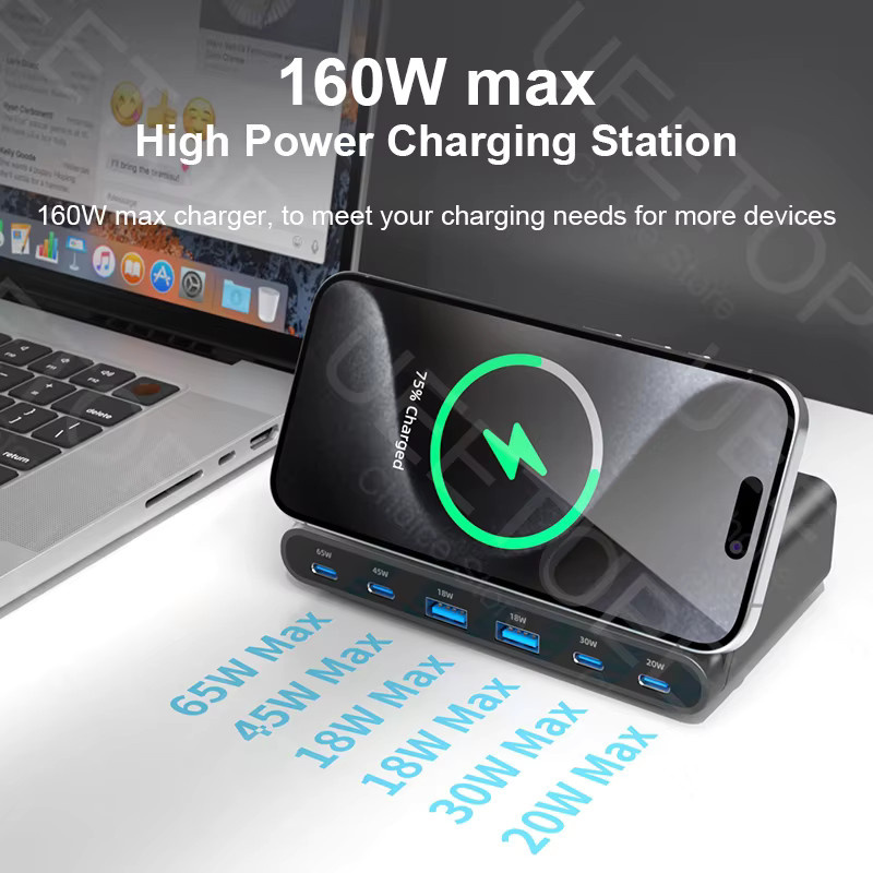 Ueetop 160W USB-Ladestation mit kabellosem Laden, 65W PD PPS und 45W GAN Schnellladegerät für Laptop, Tablet und iPhone, Schwarz - Bild 3
