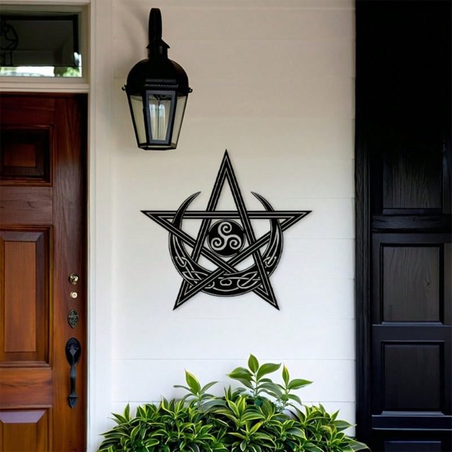 CIFBUY Metall Wandkunst Keltischer Knoten Triquetra Stern und Mondzeichen in Schwarz als geometrische Hängedekoration für Innen und Außen - Bild 1