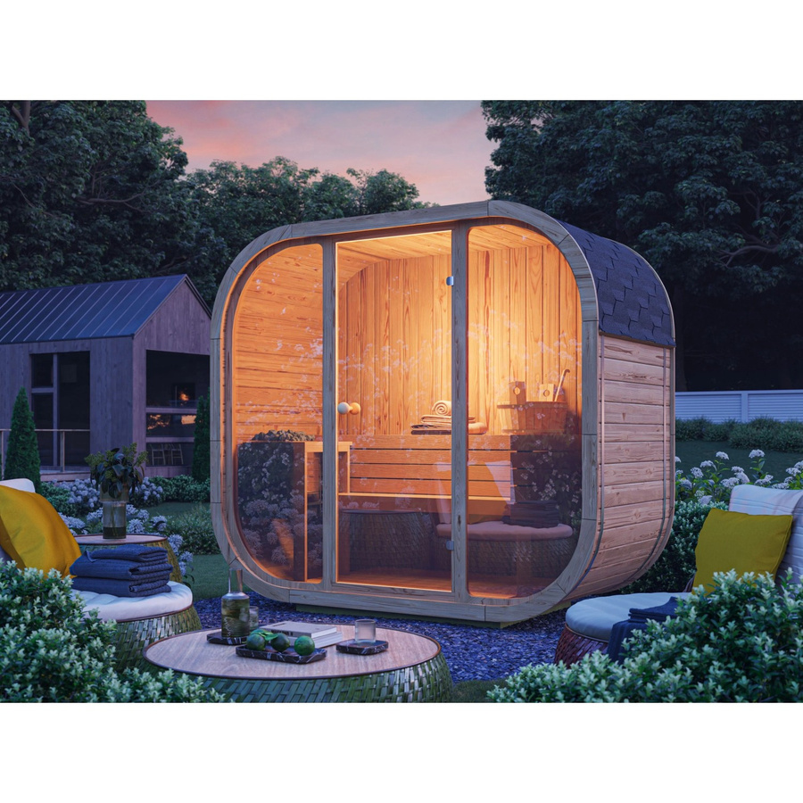 Fjordholz Fass-Sauna Modell Luxe-2 Premium aus Thermoholz und Espenholz in Braun mit Glasfront und Blockbohlen - Bild 2