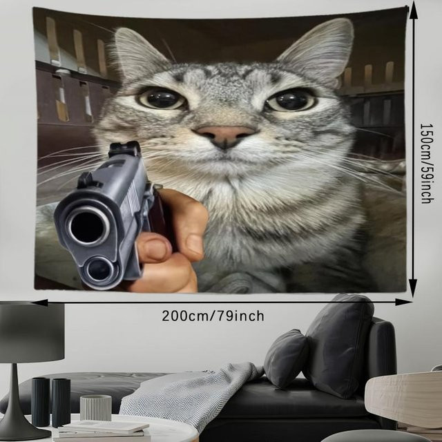 Wandbehang Skurriler Kater mit Waffe Kunst Wandteppich Heimdeko in Grau, B: 100 cm, H: 70 cm - Bild 1