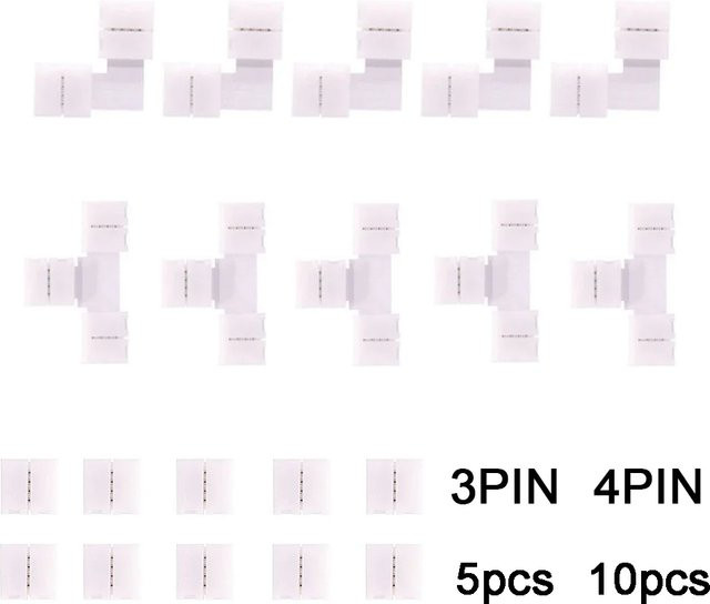 Lötfreie LED Streifen Verbinder Set für RGB und RGBIC LED-Bänder mit 3 und 4 Pin Optionen sowie L- und T-förmigen Eckverbindern für 10 mm Breite, passend für WS2812 und WS2811 SMD LED-Streifen - Bild 1