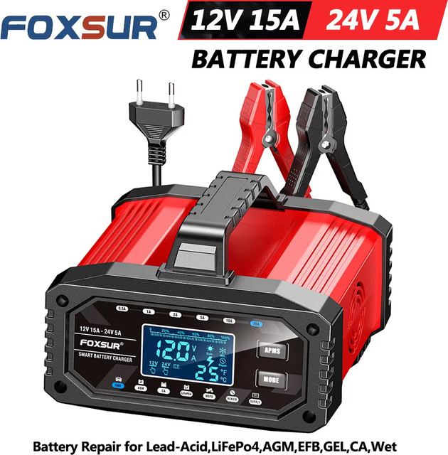 FOXSUR Intelligentes Auto- und Motorrad-Batterieladegerät mit Impulsreparatur für AGM, LiFePO4 und Blei-Säure-Batterien, 12V/24V, FAC-150 mit EU-Stecker - Bild 1