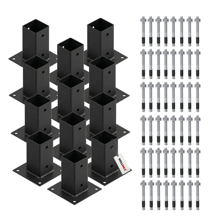HOLLMAX Pfostenträger Set mit Schwerlastankern für Vierkantpfosten, 12 Stück, Aufschraubhülse 71 mm, Schwarz matt pulverbeschichtet - Bild 2
