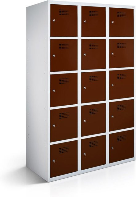 rotstahl Fächerschrank mit 15 Fächern in Mahagoni und lichtgrauem Korpus, B/T/H: 90 x 50 x 180 cm - Bild 1